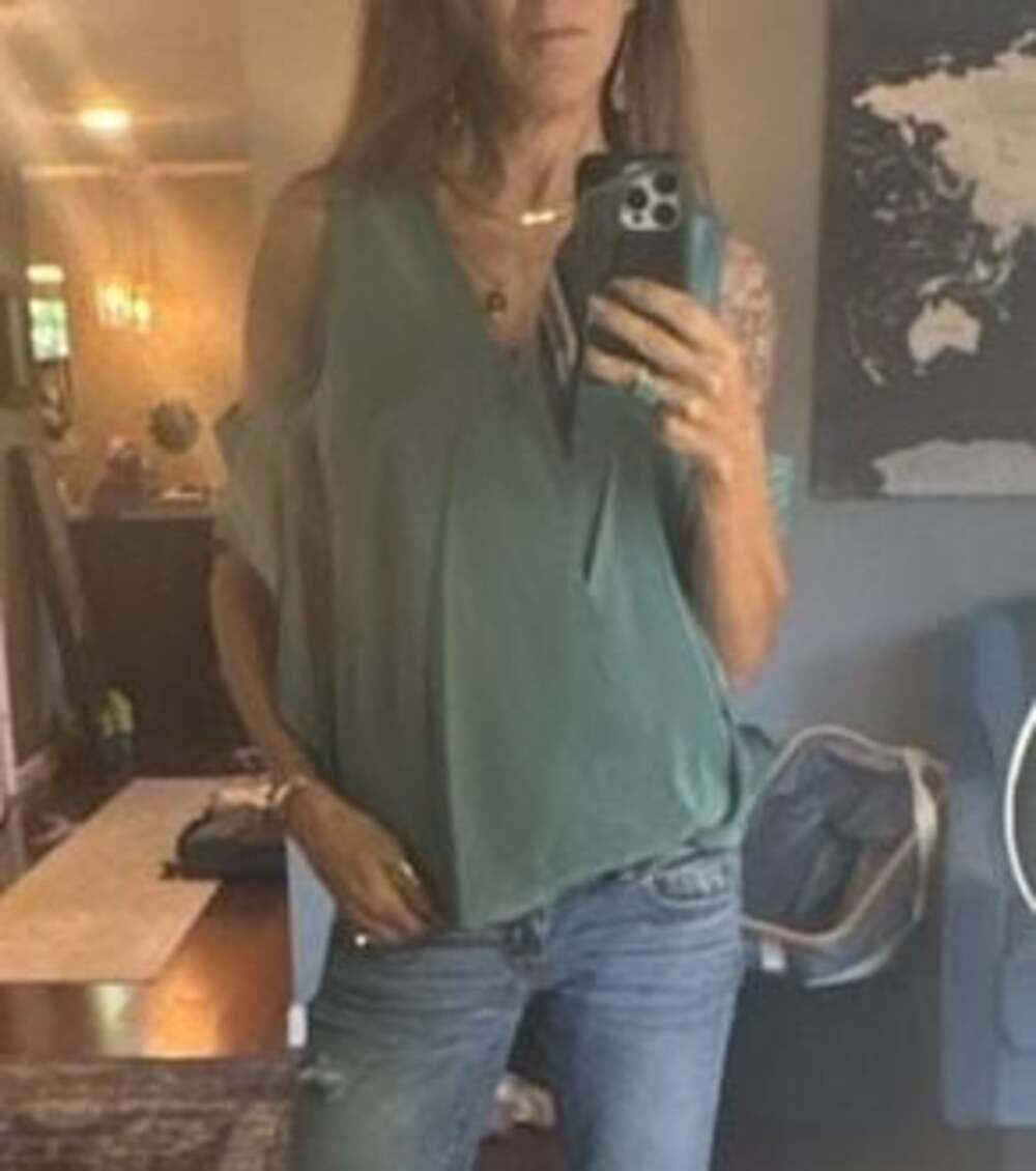 Bailey 44 Cold-Shoulder Draped Satin Blouse in Sage Green